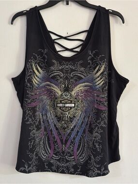 NWOT Harley Davidson Women’s XL Bling H-D Moto Wings Laced Back Tank Black Cycle